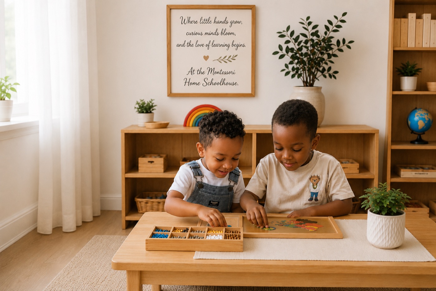 Two young children working together with Montessori bead materials and a wooden puzzle at a home work mat