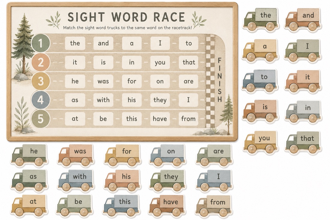 Sight Word Race vinyl work mat with matching word trucks, a Montessori language activity